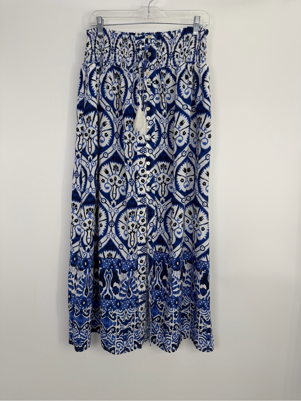 Haute Hippie Women's Blue White Elastic Waist Button Front Boho Maxi Skirt Large